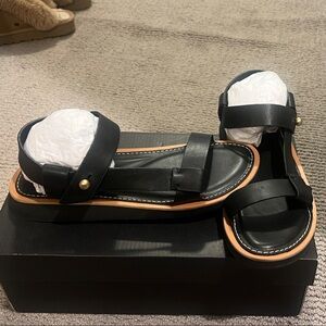 NWOT rag & bone Black Leather Gold-Stud Parker Flat Sandals, Size 38/8